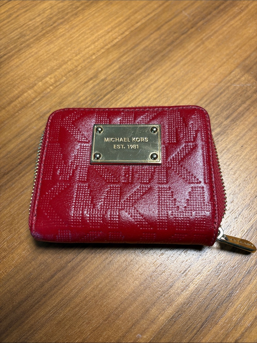 Michael Kors Red Embossed Leather Zip Card Holder with Gold Plaque